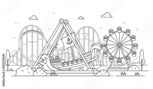 Amusement park illustration with roller coaster and ferris wheel in a fun and playful coloring book style