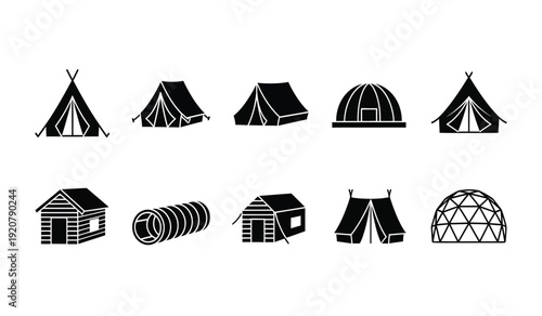 Collection of various tent and cabin silhouettes for camping and outdoor activities