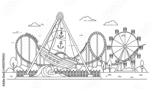 A black and white line drawing of an amusement park with a roller coaster and a ferris wheel