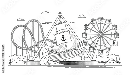 Amusement park with a pirate ship and roller coaster