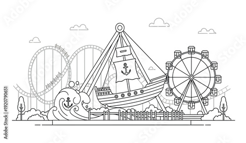 A black and white line drawing of an amusement park with a pirate ship ride and a ferris wheel