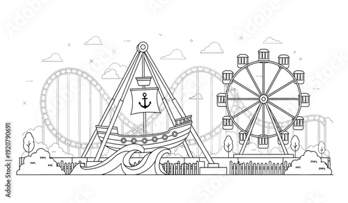A black and white line drawing of an amusement park with a ferris wheel and roller coaster
