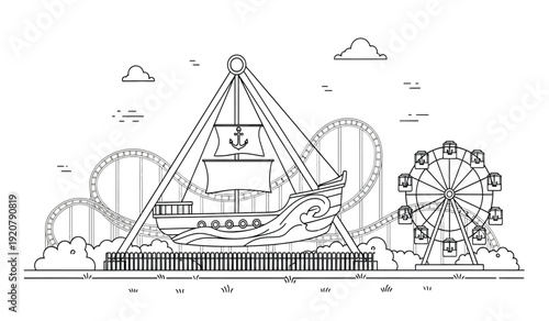 A black and white line drawing of an amusement park with a drop tower ride and a ferris wheel