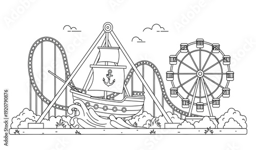 A black and white line drawing of an amusement park with a roller coaster and a ferris wheel