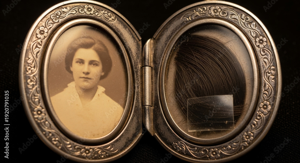 Obraz premium Antique Oval Locket with Faded Portrait and Hair Keepsake