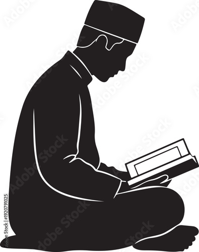 Muslim Man Reading Quran Silhouette – Islamic Prayer, Ramadan Spiritual Worship Vector Illustration