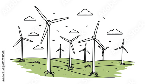 Wind turbines standing on a green hill with clouds in the background, generating renewable energy in a serene landscape setting with blades