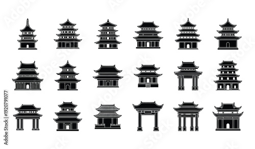 Collection of various traditional chinese pagoda and gate silhouettes