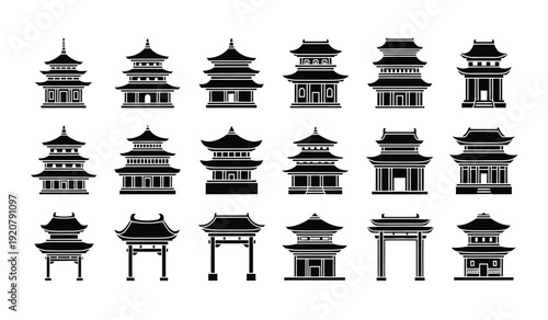 Collection of various traditional chinese architecture and gate silhouettes