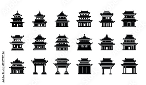 Collection of various traditional chinese pagoda and gate silhouettes