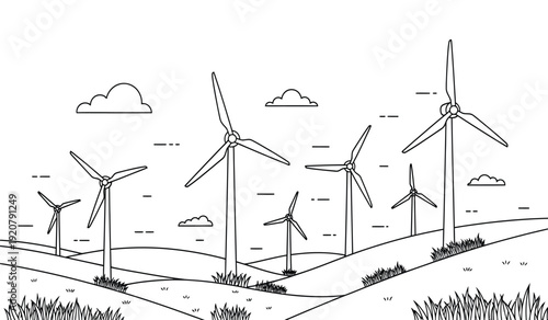 Wind turbines on a hillside with clouds in the background, a line drawing of renewable energy