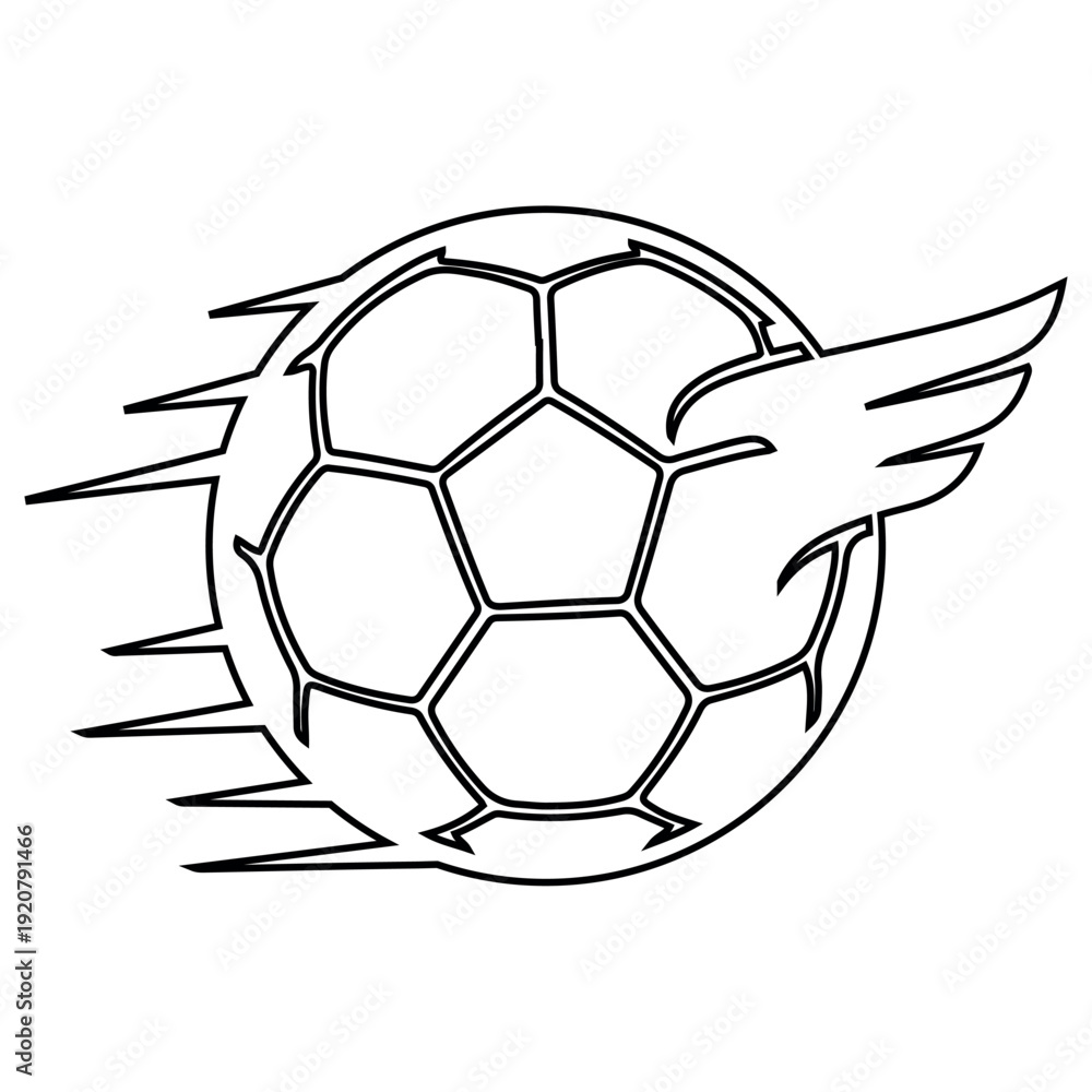 Obraz premium Flying soccer ball with wings and motion lines, vector outline silhouette of a sports ball, illustration isolated on transparent background