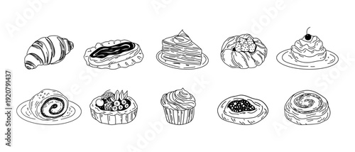 Minimalist bakery doodle set. Hand drawn pastry icons for bakery branding, whimsical croissant, buns, cakes, cafe menu concept. Vector illustration