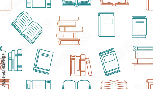 Colorful illustration of various book icons in different poses and arrangements