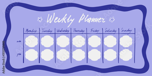 Weekly planner template. Blank personal organizer and to do list with modern art elements, memo notes, schedule page, to buy lists. Hand drawn doodle vector illustration