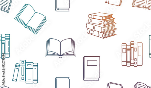 Colorful illustration of various books and book related items for educational or library themes