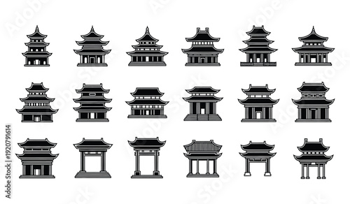 Collection of various traditional chinese architecture and gate silhouettes