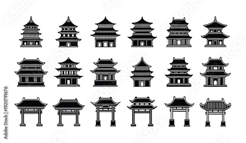 Collection of various traditional chinese architecture icons and gateways in black silhouette