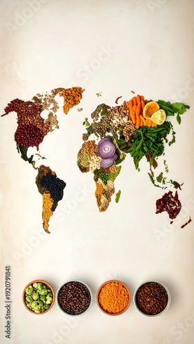 World map made from various foods & spices on beige background. Four ingredient bowls below