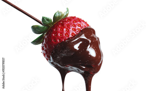 Fresh strawberry immersed in silky melted chocolate fondue with luxurious glossy texture and irresistible appeal isolated on transparent background PNG