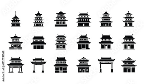 Collection of various traditional chinese pagodas and gates in black silhouette