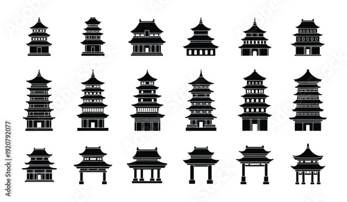 Collection of various traditional chinese pagoda silhouettes
