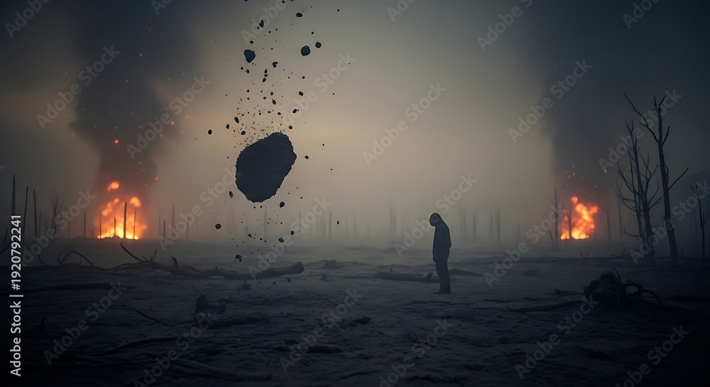 Fototapeta premium Person standing in dark landscape with fire.