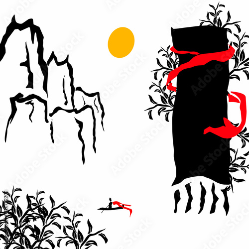 Illustration of a silhouette of a traveler on a raft on a lake with rocky mountains