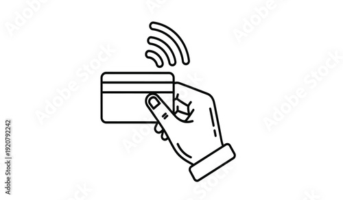 A hand holding a credit card with a wireless signal icon above it, symbolizing online payment or wireless transaction