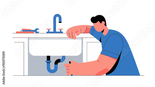 Plumber Fixing Sink Pipe Under Counter.