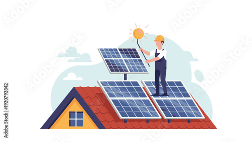 Technician Installing Solar Panels on Roof.