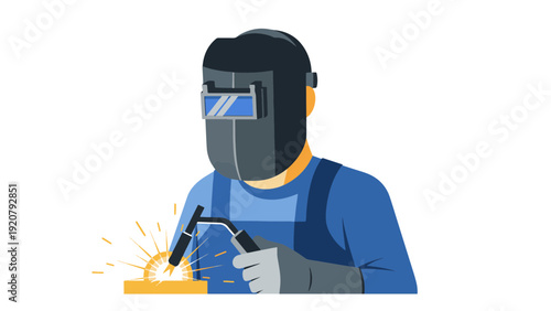 Welder wearing protective gear welding metal.