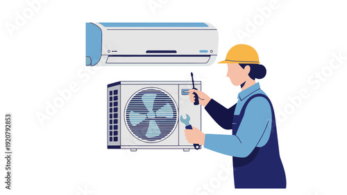 Technician Inspecting Air Conditioning Unit with Tool.