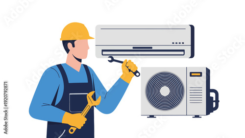 Technician Inspecting Air Conditioning Unit with Tools.