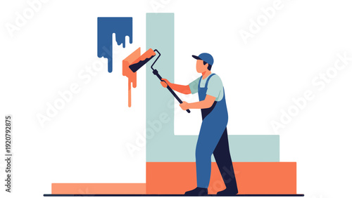 Man Painting Wall with Roller.