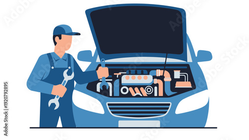 Mechanic Inspecting Car Engine with Tools.