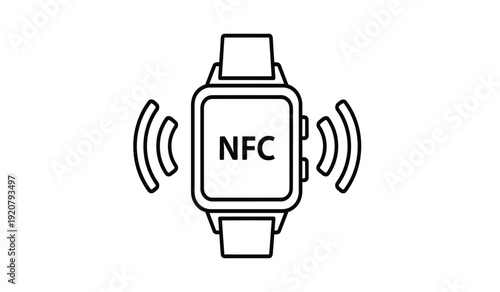 Black and white illustration of smartwatch with nfc technology and wireless signal icon