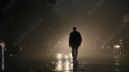 Silhouette of man walking alone on rain soaked street at night with reflections and distant lights creating tense urban atmosphere.