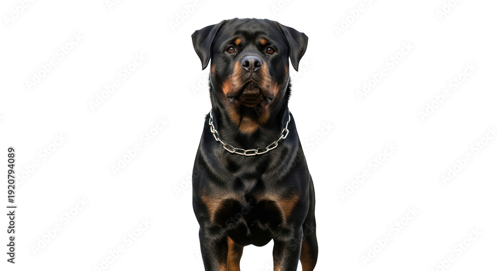 Fototapeta premium A powerful Rottweiler dog in a frontal portrait, with a shiny chain collar