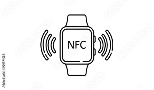 A black line drawing of a smart watch with nfc and wireless signals