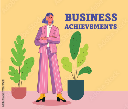 Successful businesswoman in suit with plants and business text