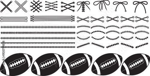 American Football Lacing and Stitching Silhouette Set with Shoelace Bows, Ball Stitches, Vector Sport Icons, Leather Seam Details, and Athletic Equipment Graphic Elements