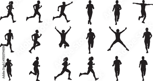 Athletic Runner Silhouette Set with Men and Women Jogging, People Exercising, Fitness Training, Sprinting Athletes, Marathon Runners, and Healthy Active Lifestyle Icons