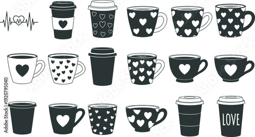 Black silhouette collection of coffee cups, tea mugs with heart patterns, disposable cafe cups, and love icons, isolated on white.