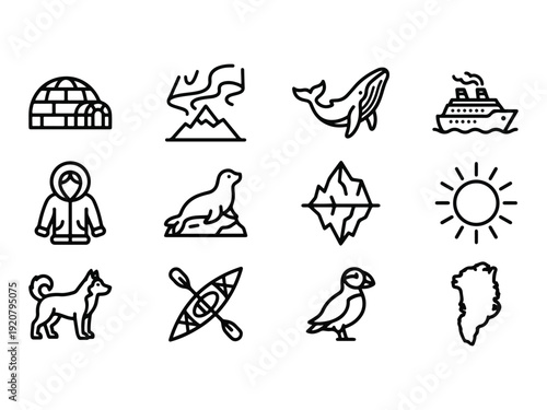 Collection of Arctic-themed Icons Featuring Animals, Landmarks, and Activities
