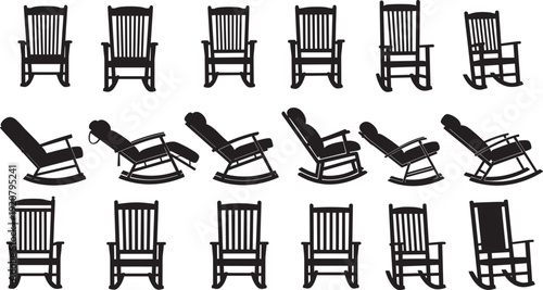 Black silhouette set of classic wooden rocking chairs, modern porch rockers, and comfortable nursery gliders, isolated on a clean white background.
