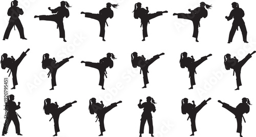 Black silhouette set of female martial artists performing high kicks, karate strikes, and defensive stances, isolated on a white background.