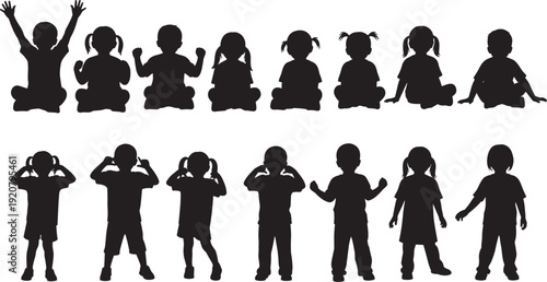 Black silhouette set of happy children sitting and standing in various expressive poses, isolated on white background for school design.