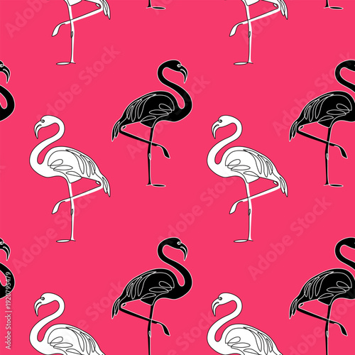 Tropical seamless pattern with with black and white flamingos on a pink background. Perfect for fabrics, wallpaper, and summer designs. Glamorous vector style. Exotic bird illustration. Paradise Summe
