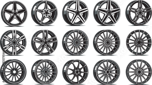 Black silhouette set of modern automotive alloy wheels, car rims with diverse spoke designs, and transport wheel icons, isolated on white.